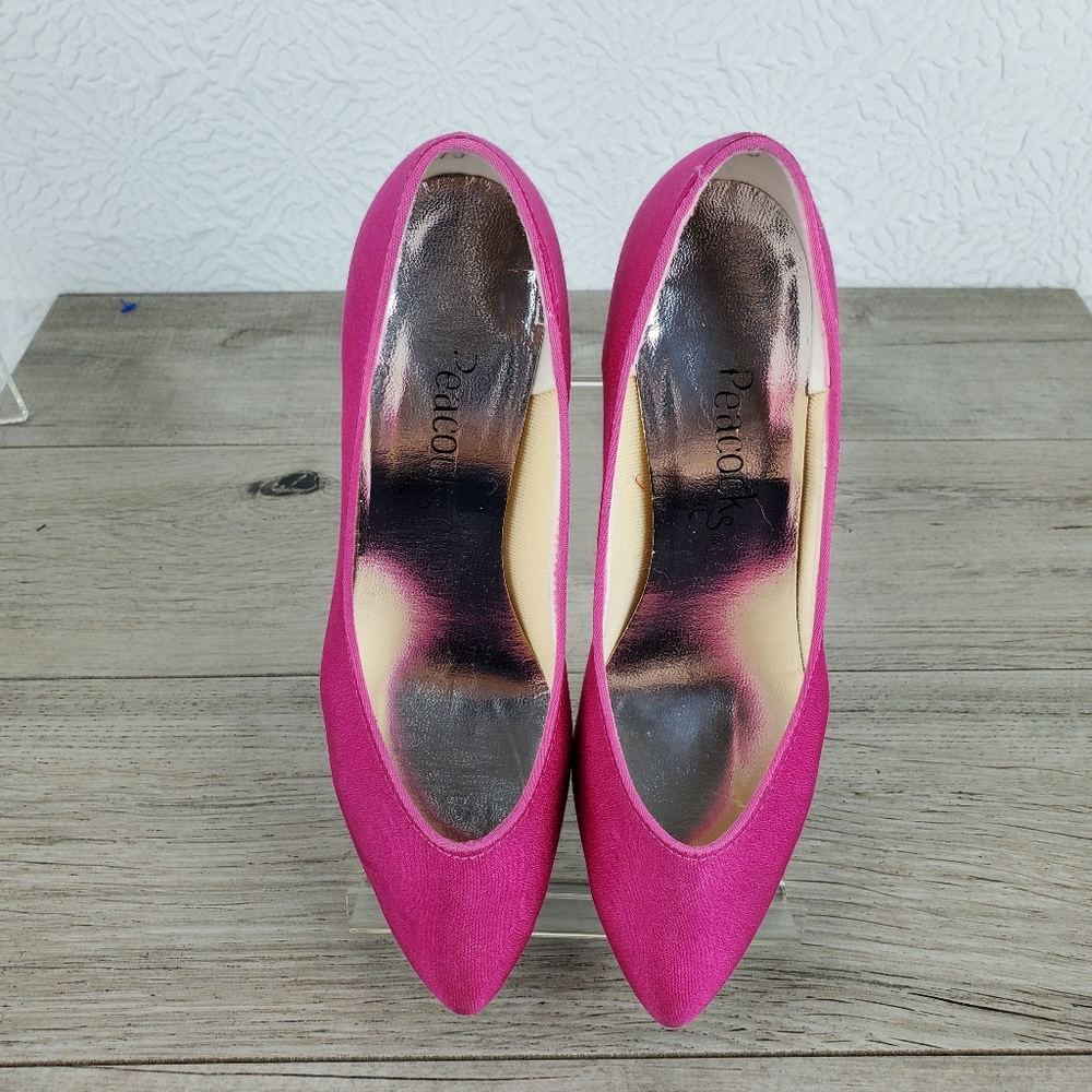 Hot pink satin peacock heels